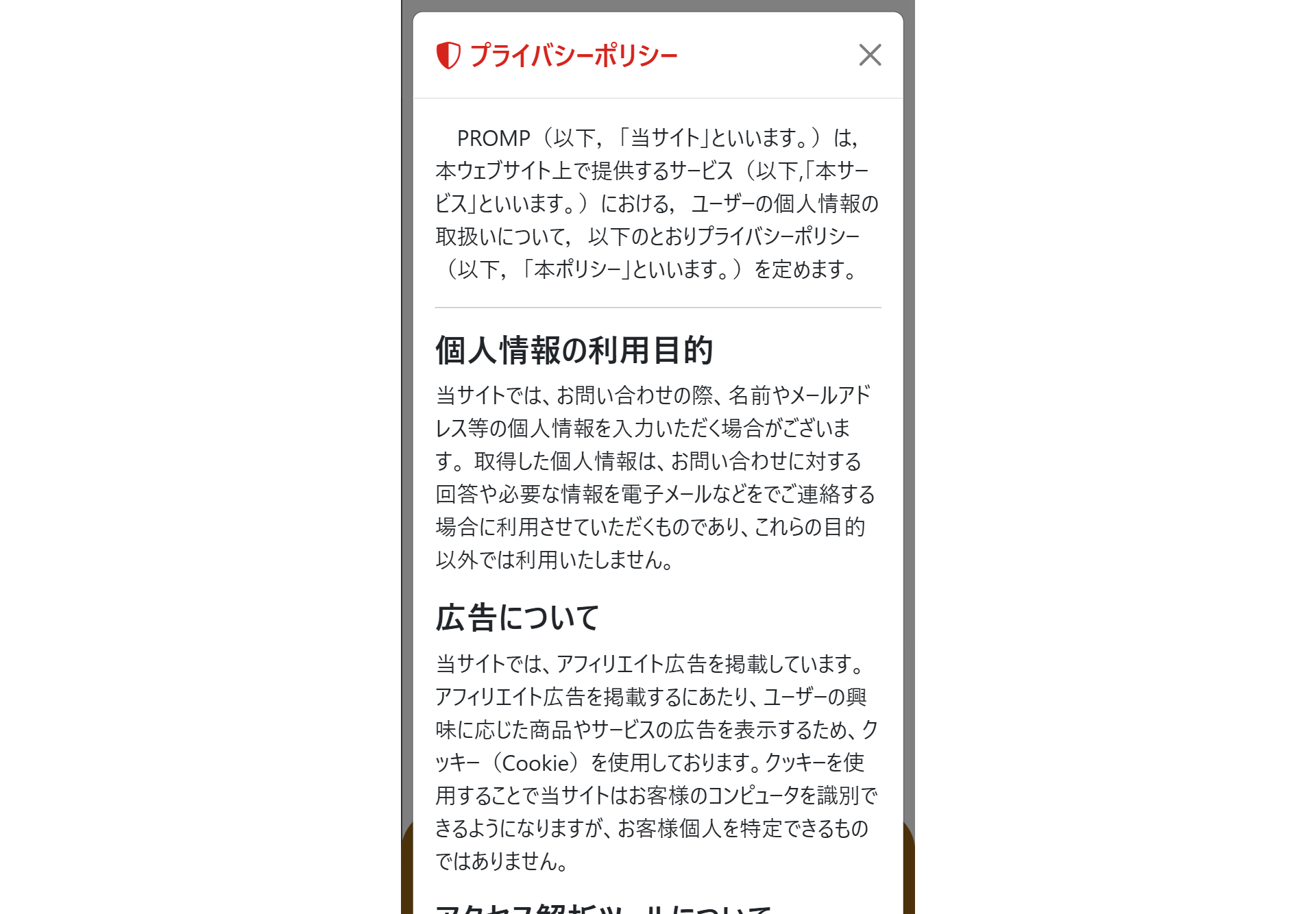 PROMPの画面 プライバシーポリシー